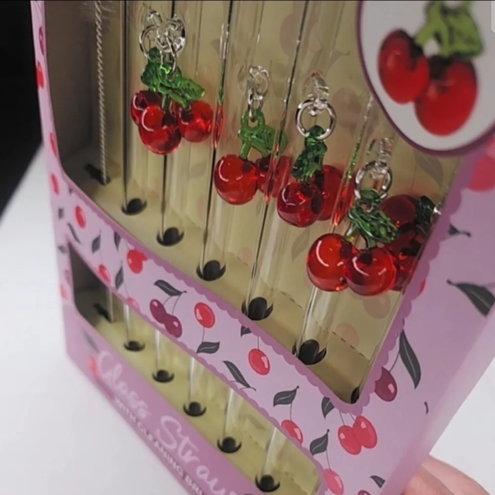 Glass Straws with Cherry Attachments Set